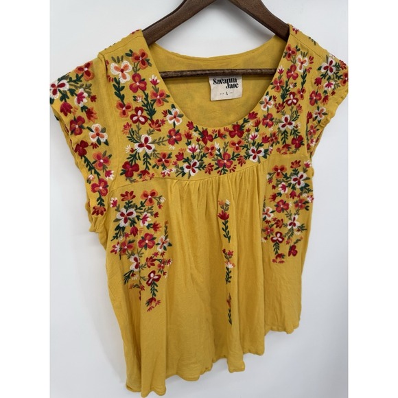 Savanna Jane Yellow Floral Embroidered Short Sleeve Blouse Boho Coquette spring - Picture 2 of 9